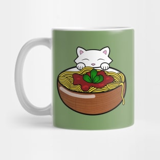 Cat eating pasta from a wooden bowl Mug